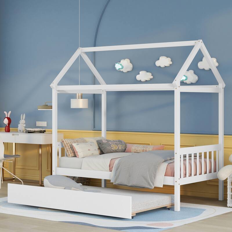 Solid Wood Twin House Bed Frame with Trundle, No Box Spring Needed, White Finish