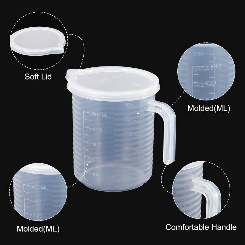 Graduated Beaker, 500ml PP Plastic Liquid Measuring Cup Double Sided Graduations - Transparent