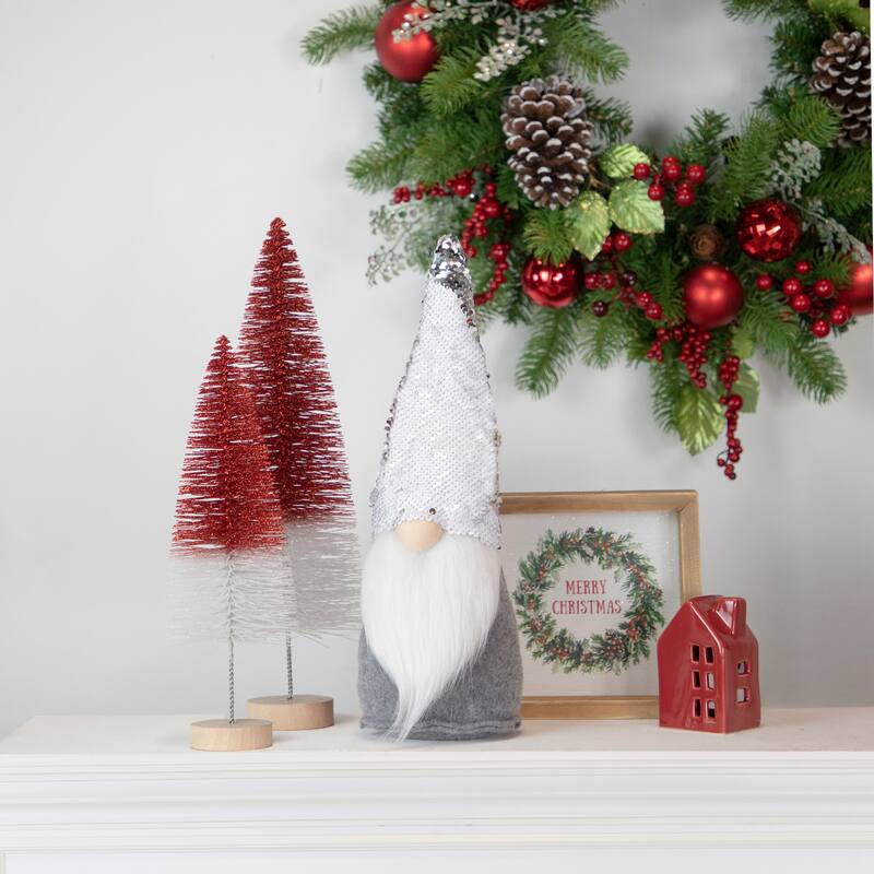 Standing Christmas Gnome with Flip Sequin Hat - 14" - Silver and Gray