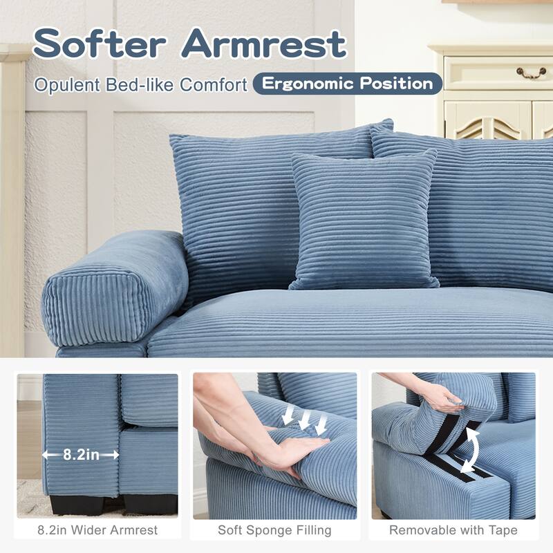 Roomfitters 82.6"/92" Modular L-Shape Sectional, Corduroy Cloud Couch with Ottoman & 6 Pillows