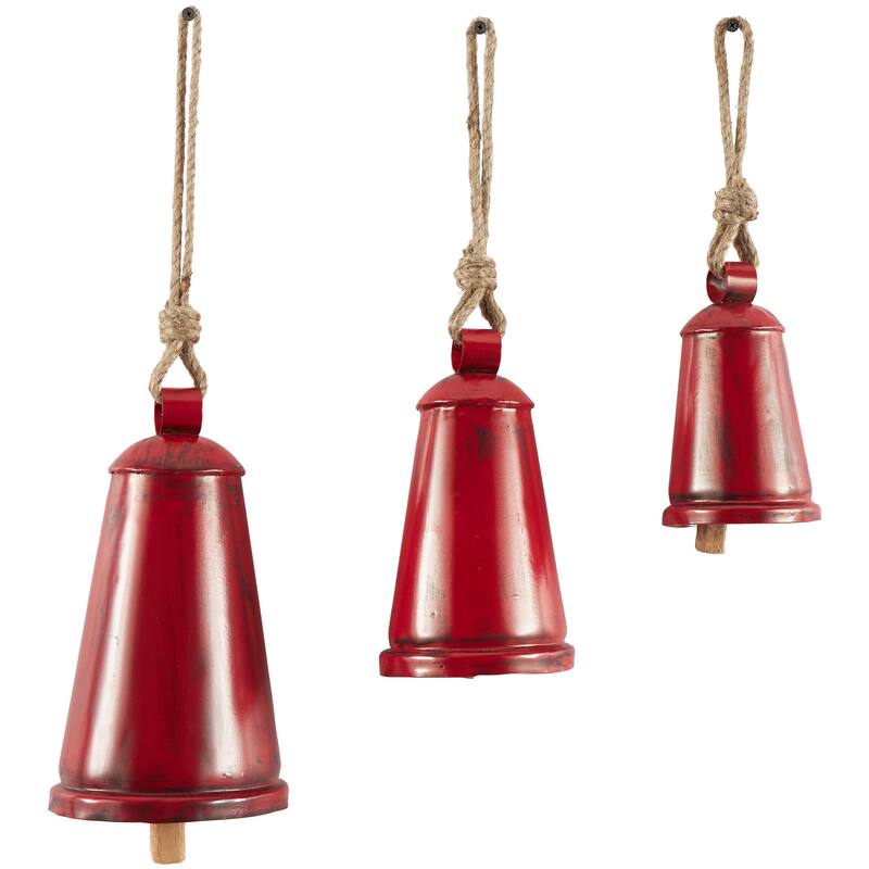 Gray, Red, Black or Bronze Metal Tibetan Inspired Decorative Cow Bell with Jute Hanging Rope (Set of 3)