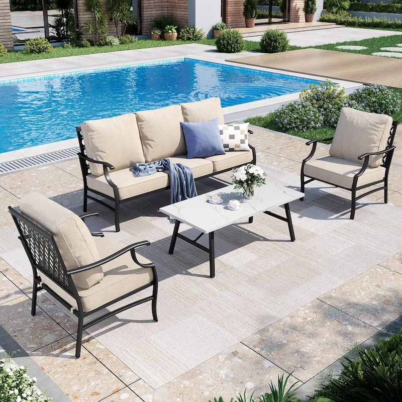MAISON ARTS Patio Conversation Sets 5/7/9-Seat, Sofa Set with 2 Single Sofa Chairs, 3-Seater Sofa, Ottoman and Coffee Table - 4-Piece - Set 1-Fixed Chairs