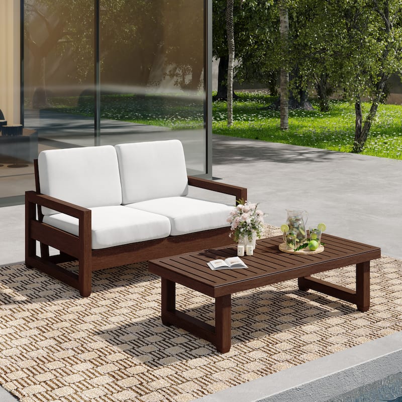 Outdoor Patio Loveseat Table Set Teak Wood with Cushion - Dark Wood - Beige
