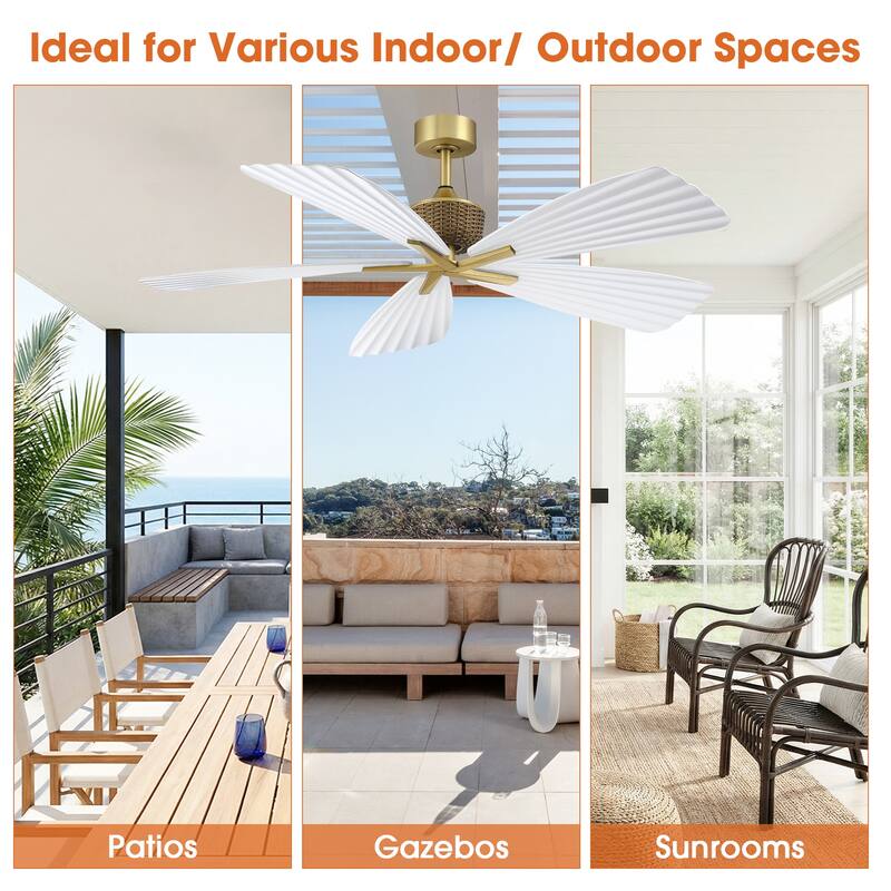 56" Tropical White Pleated Leaf 5-Blade Indoor Outdoor Ceiling Fan with Remote, No Light