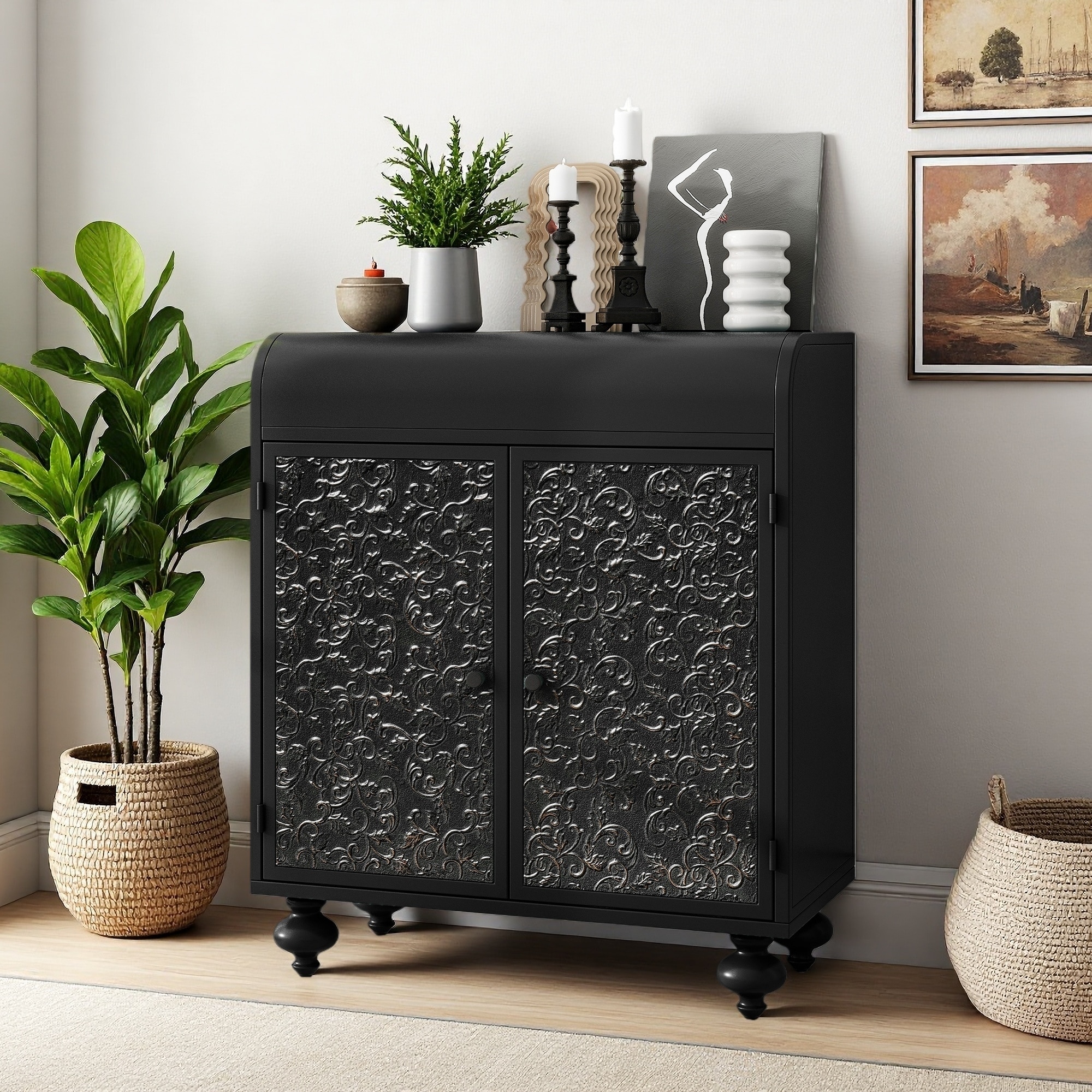 Art Accent Cabinet with 2 Doors, Distressed Sideboard Buffet with Embossed Pattern, Storage Cabinet for Entryway, Living Room