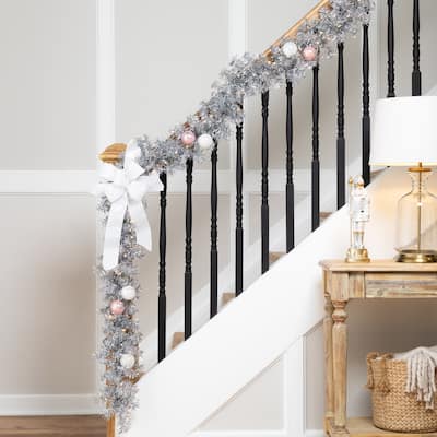 Pre-Lit Artificial Tinsel Christmas Garland - 9' x 8" - Silver - Clear Lights