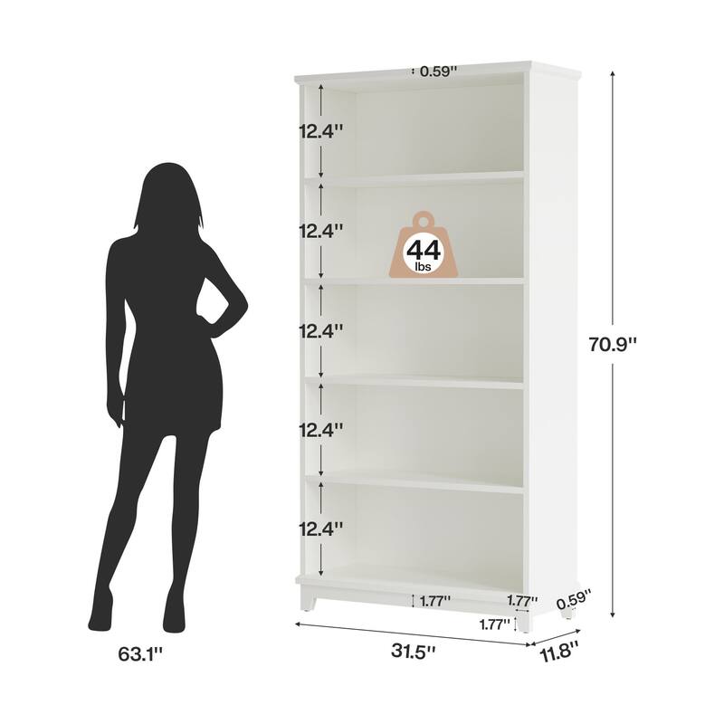 5-Tier White 70" Tall Wooden Bookshelf, Open Display Shelving