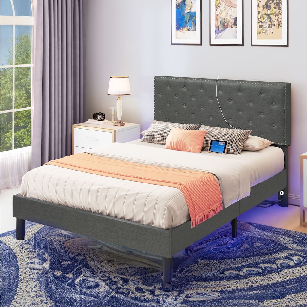 Queen Bed Frame LED Platform Bed with Upholstered Adjustable Diamond Headboard and USB Ports