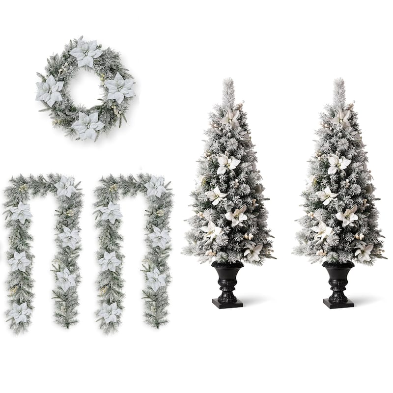 Glitzhome 5FT Pre-Lit Flocked Pine Artificial Christmas Porch Tree with 150 Warm White Lights and Poinsettia