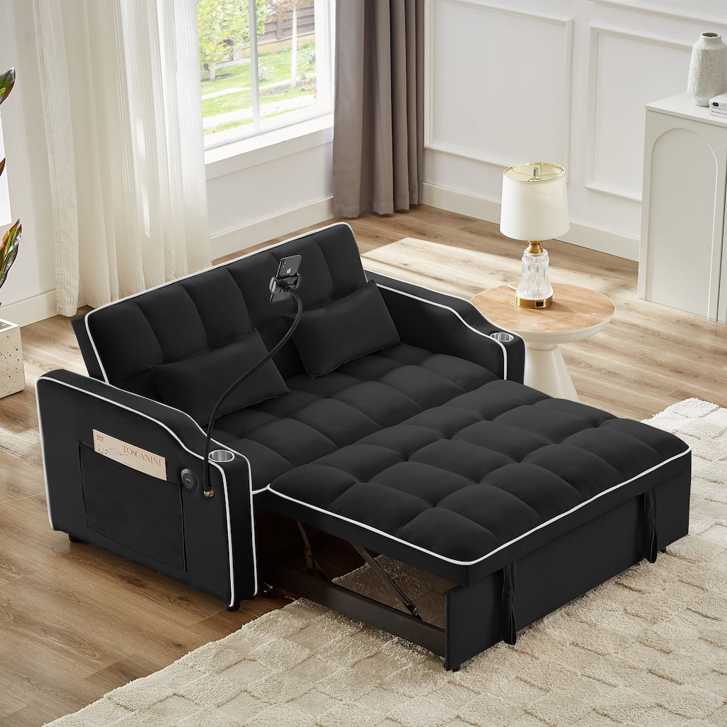 Versatile Foldable Sofa Bed in Black, Adjustable Back, USB Port, Phone Stand