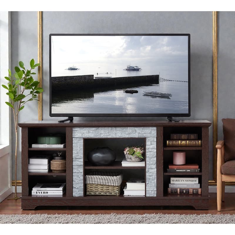 58 Inch Mantel Stone TV Stand for TVs up to 65 Inch, Media Console with Faux Stacked Stone Surround and Open Storage - Cherry