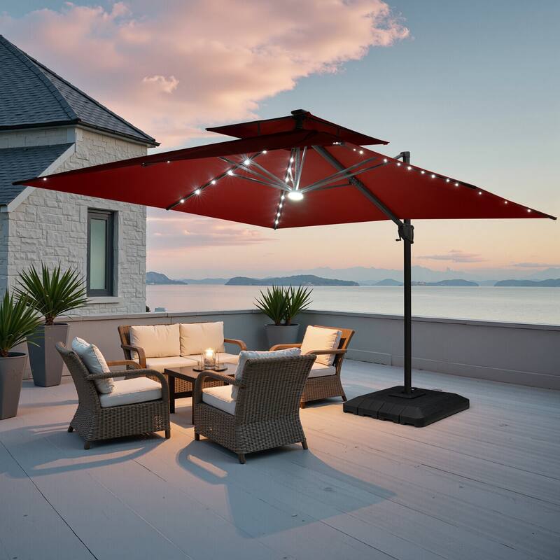 11FT Patio Cantilever Umbrella LED Lights Double Top Umbrella with 4-Piece Fillable Weighted Base - Red