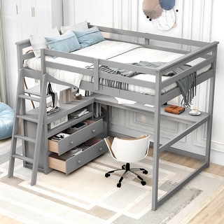 Full Size Loft Bed with Desk and Shelves, 2 Built-in Drawers