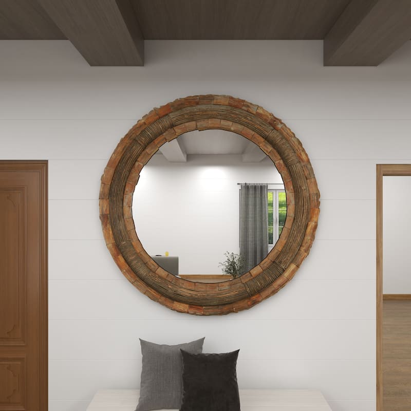 Brown Wood Large Room Wall Mirror with Layered Wood Chip and Stick Design