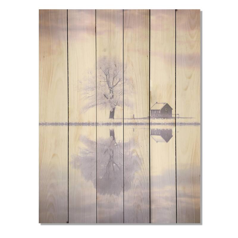 Designart "Winter Landscape Purple By The Lake" Winter Landscape Wall Art Purple Wood Panel On Natural Pine Wood
