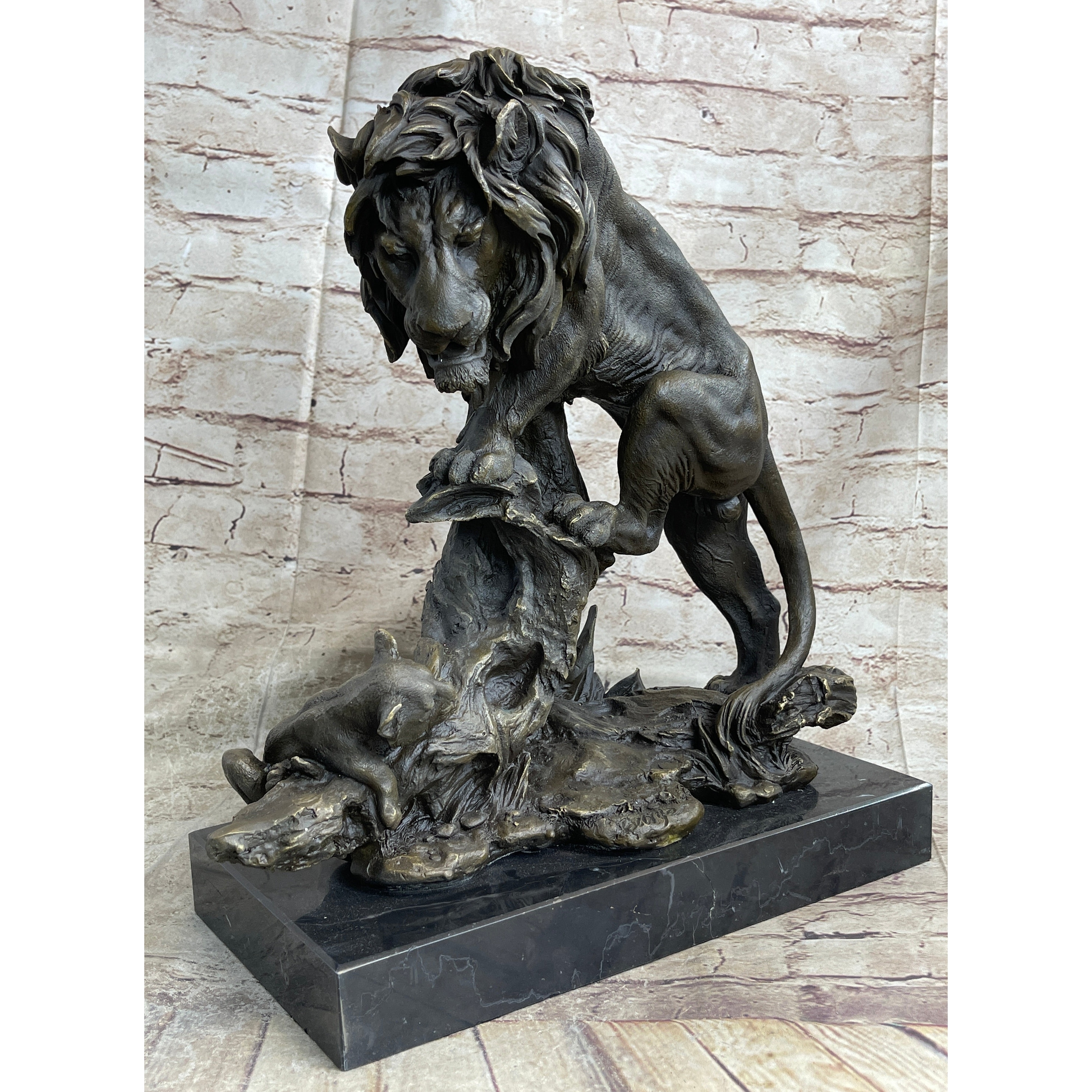 Male Lion W/ Cub Bronze Statue Sculpture Figure Barye Decor 14 Inches X 12 Inches