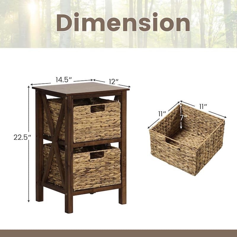 Costway 1/2 PCS 2-Tier Nightstand with 2 Seagrass Baskets Rubber Wood