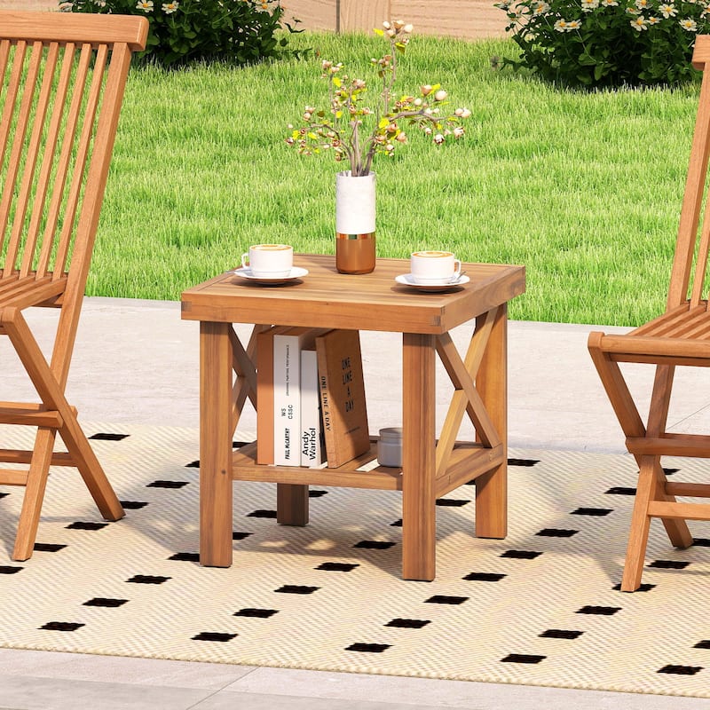 18" Acacia Wood Outdoor Side Table with Open Storage Shelf and X-Shaped Frames for Patio or Garden - 18" x 18" x 18"
