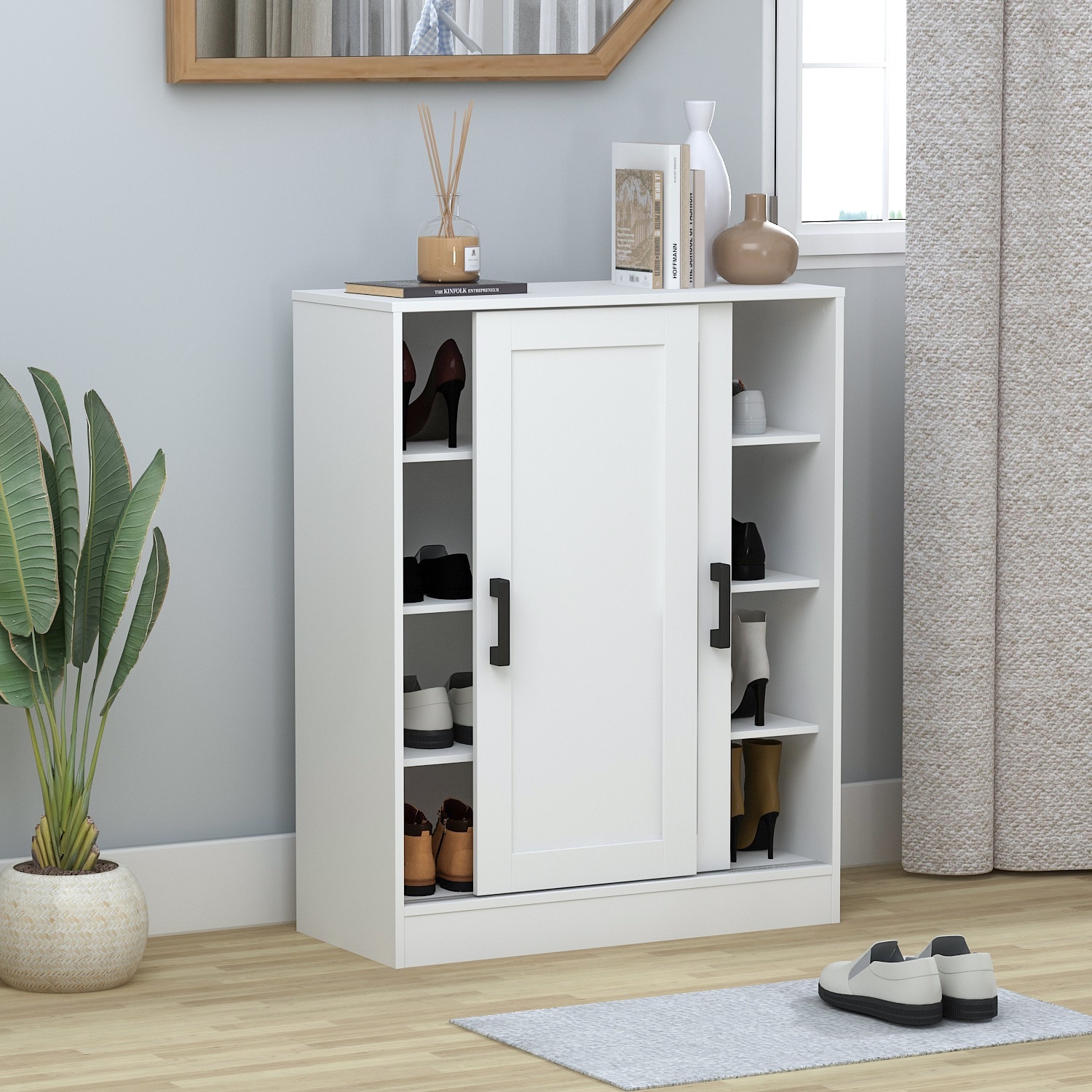 Shoe Cabinet 2-Door with Wheels — FUFUGAGA White