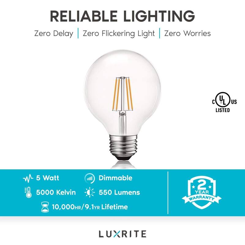 Luxrite Vintage G25 LED Globe Light Bulbs 60W Equivalent, 550 Lumens, Dimmable, Clear Glass, E26 Standard Base (4 Pack)