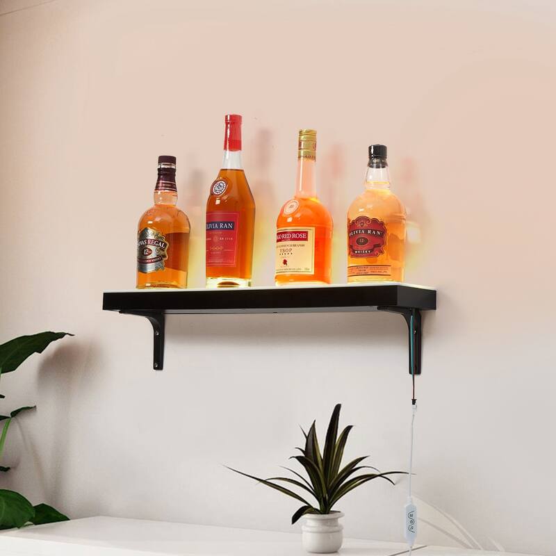 24" Wall Mounted Acrylic LED Lighted Liquor Bottle Display Shelf - Black