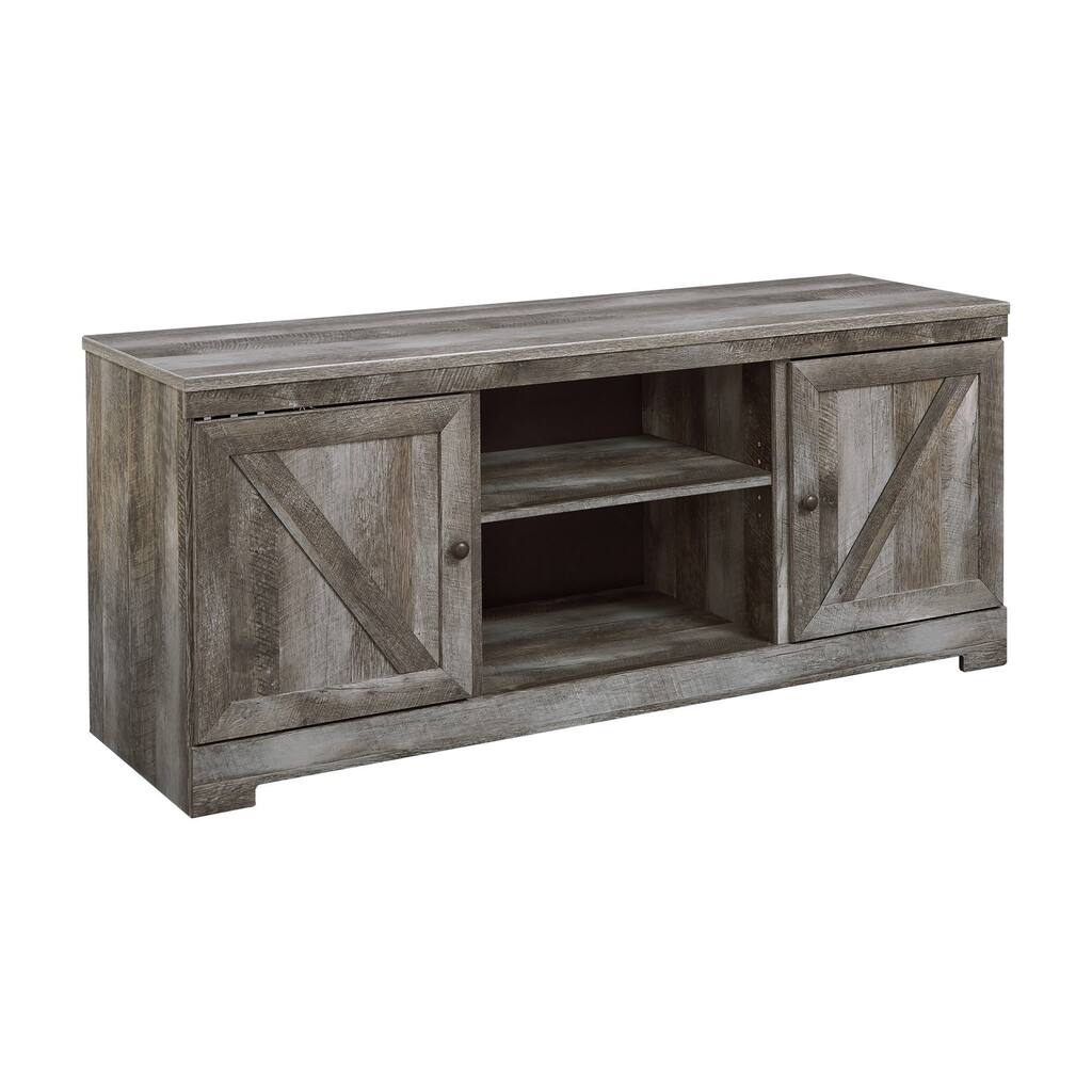Aria 63 Inch Wood TV Media Entertainment Console, Crossbuck, Weathered Gray