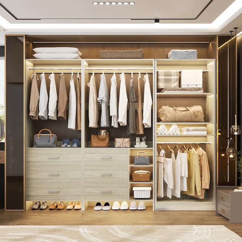 Cimly Set of 3 Closet System with 6 Drawers, 104'' Wide Freestanding Closet Organizer - Washed Oak