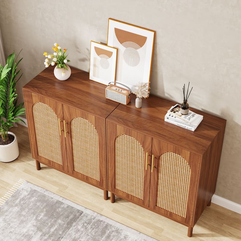 Set of 2 Rattan Sideboard, 59 Inch Buffet Cabinet with Doors, Accent Cabinet