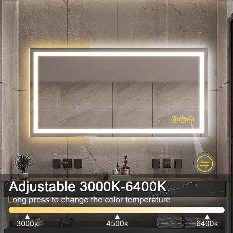 GlareGuard 24x48" Rectangular Anti-Fog Dimmable Backlit LED Bathroom Vanity Mirror - Clear