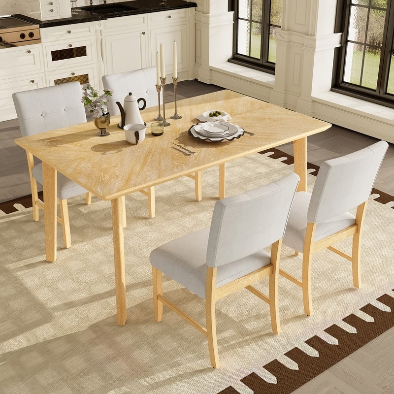 5-Piece Rustic Farmhouse Dining Table Set - Rectangular Solid Wood Table with 4 Upholstered Chairs (Seats 4)