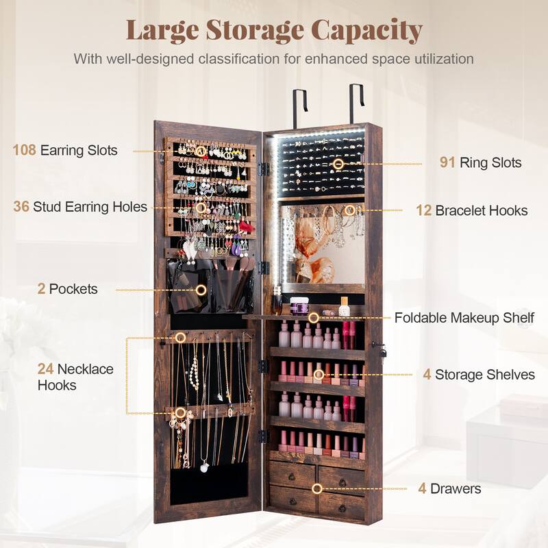 4 Drawers Multipurpose Jewelry Storage Cabinet with LED Light Dropleaf Board and Full-Length Mirror