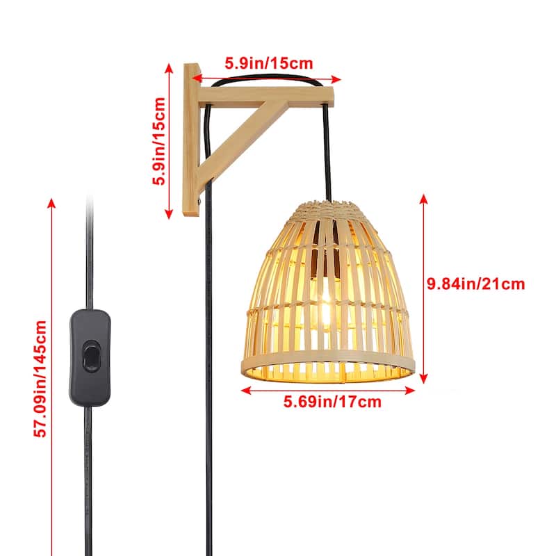 Unique Bamboo Plug in Wall Light Fixture -Wood Rattan Lampshade Wall Sconces for Kitchen Island Living Room Restaurant - Yellow