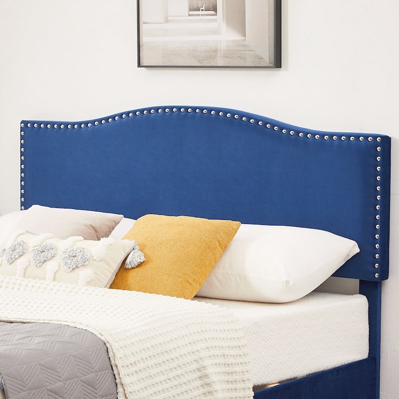 VECELO, Upholstered Platform Bed Frame with Nailhead Headboard Twin Full Queen Size Bed-Blue