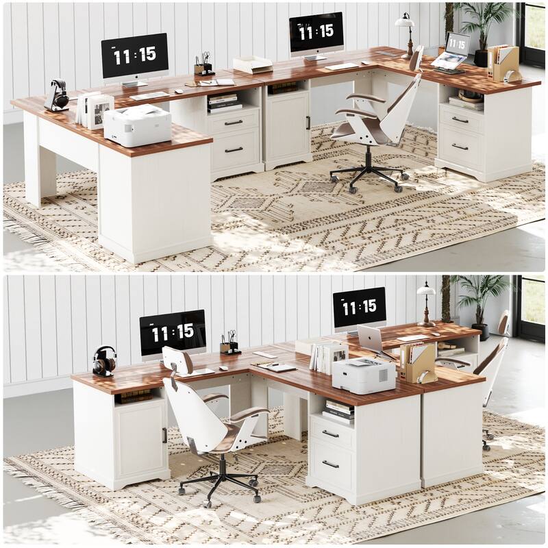 French Country L Shaped Desk with Charging Station, Office Computer Table with File Cabinet