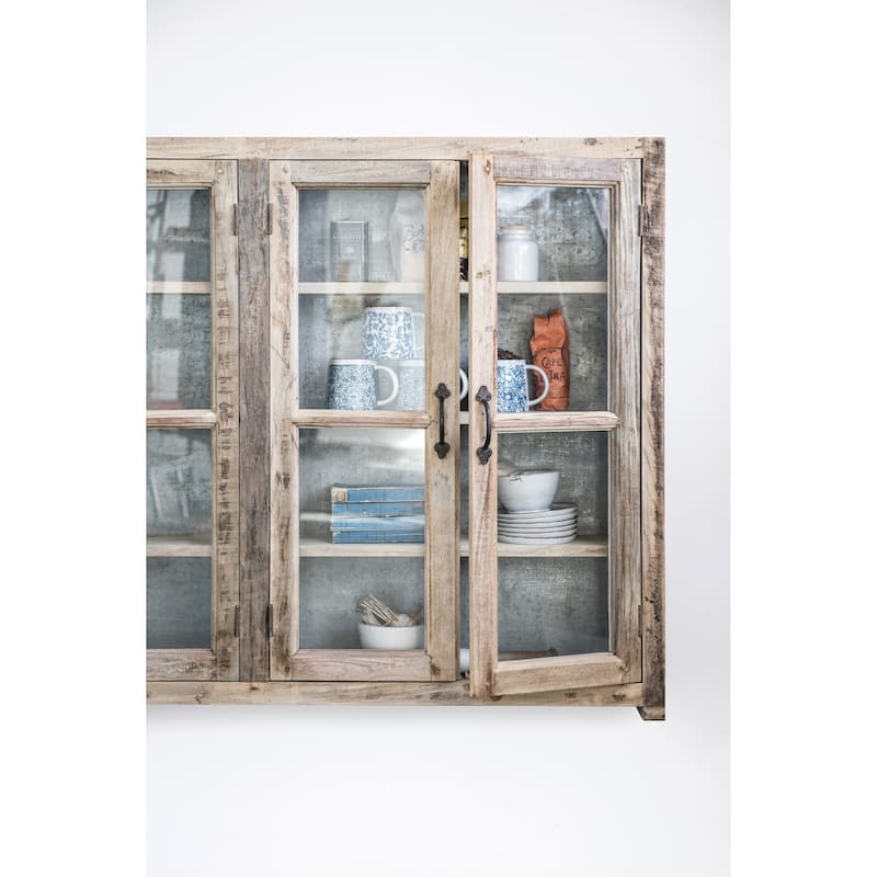 Reclaimed Wood Cabinet with 4 Glass Doors, 4 Shelves & Zinc Metal Backing (Each one will vary)