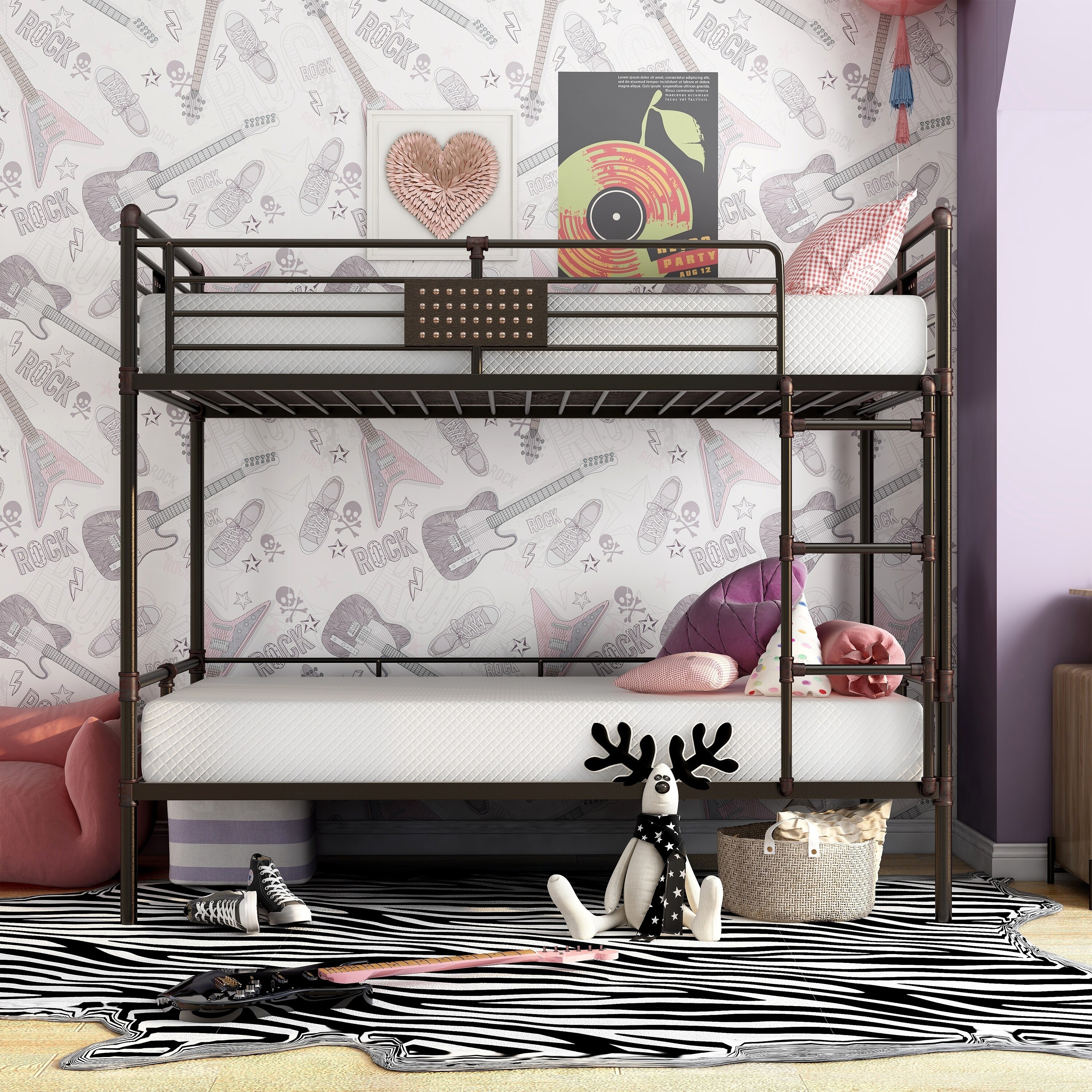 Wini Industrial Black 3 Piece Gel Memory Mattress Metal Bunk Bed