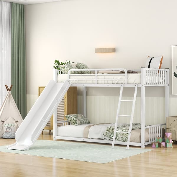 slide 2 of 20, Twin over Twin Metal Bunk Bed with Slide and Ladder, Metal Bunk Bed Frame with Full-Length Guardrail, No Box Spring Needed White