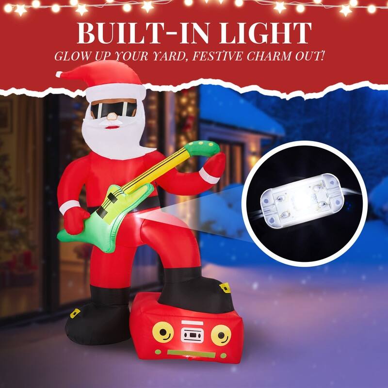 7.5FT Lighted Christmas Black Santa Playing Electric Guitar Inflatable Decoration