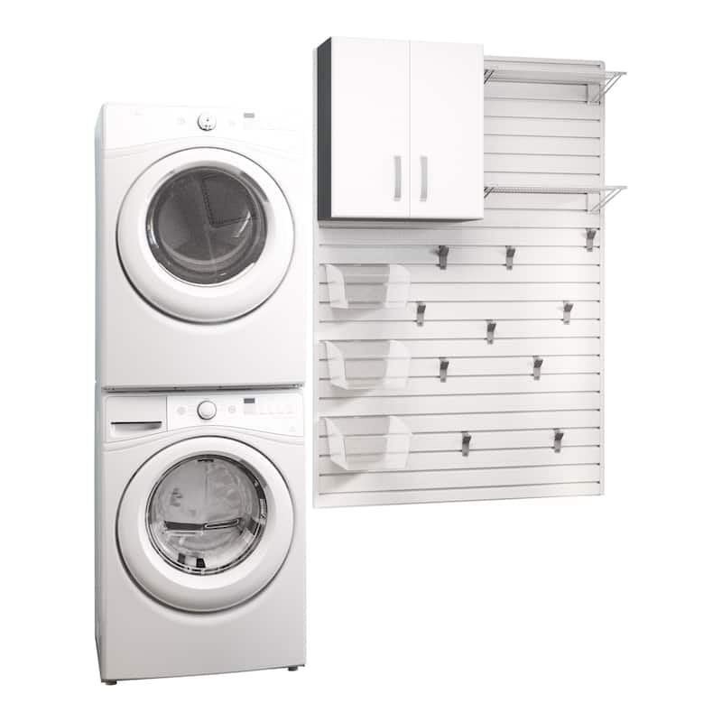 17 Piece Saltwall Panel, Cabinet, Hook, Bin Storage Set - White Slat Wall/White Cabinet