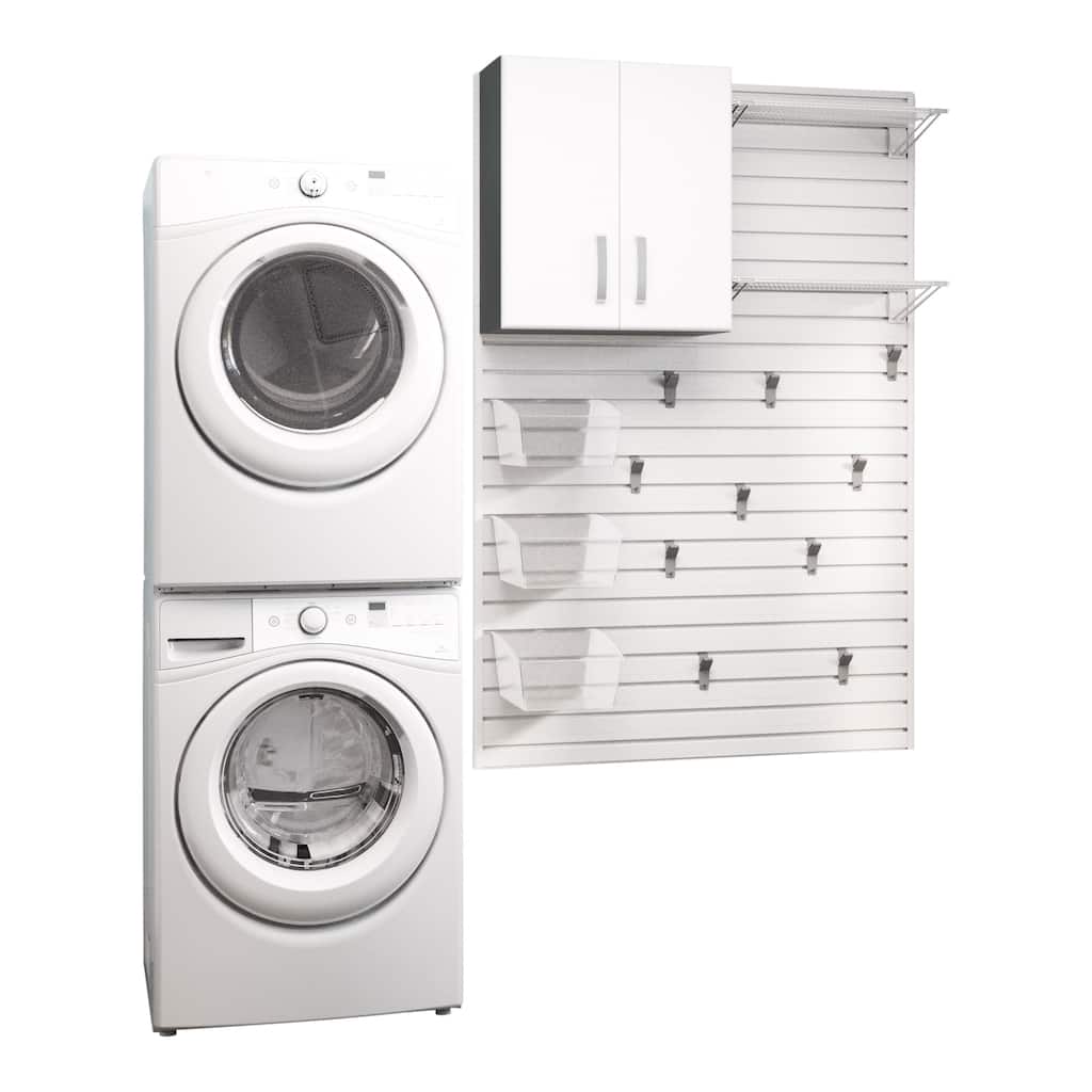 17 Piece Saltwall Panel, Cabinet, Hook, Bin Storage Set - White Slat Wall/White Cabinet