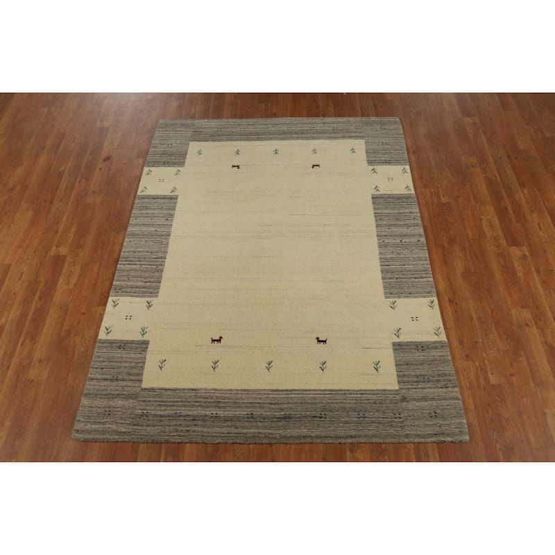 Hand Knotted Oriental 100% Wool Carpet Tribal Animal Pictorial Beige & Ivories Gabbeh Area Rug - 6' 4'' X 4' 9''