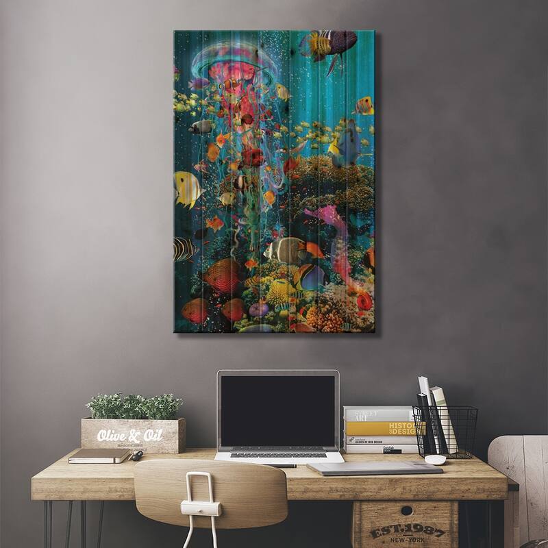 Electric Jellyfish At The Reef Print On Wood by David Loblaw - Multi-Color
