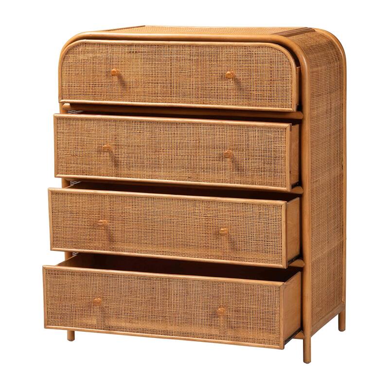 Sampit Natural Rattan 4-Drawer Storage Cabinet - Handwoven Cane Display Unit, Boho Coastal Accent for Hallway or Living Room