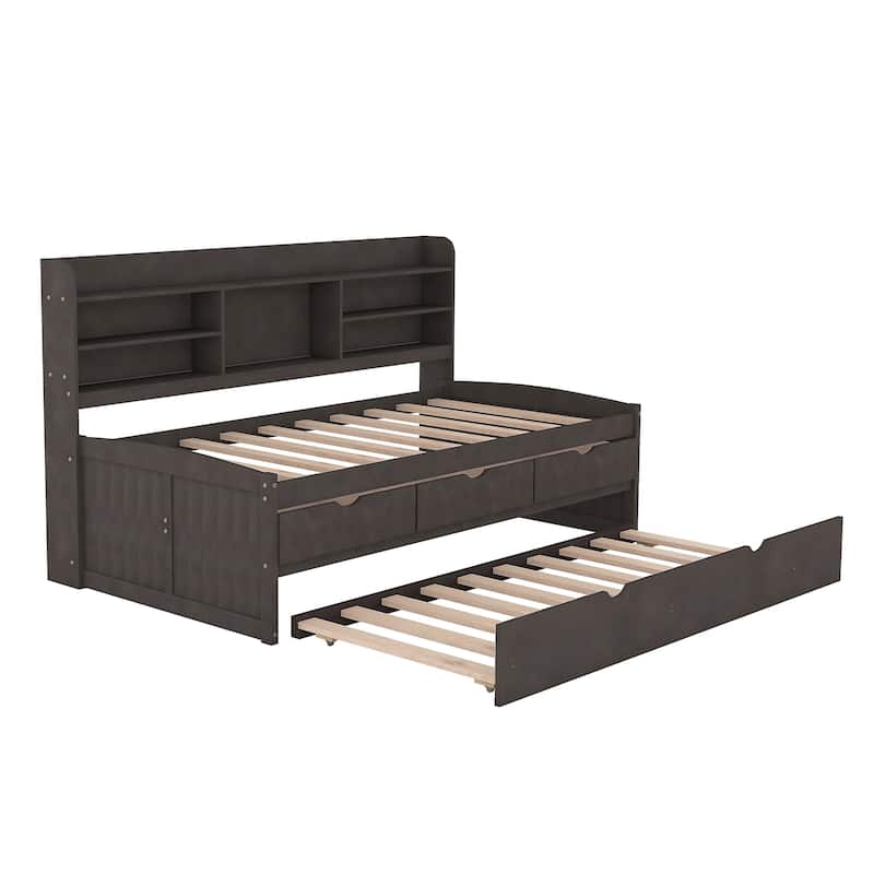 Classic Twin Wooden Captain Bed with Bookcase Headboard, 3 Storage Drawers, and Trundle for Guest Sleepovers
