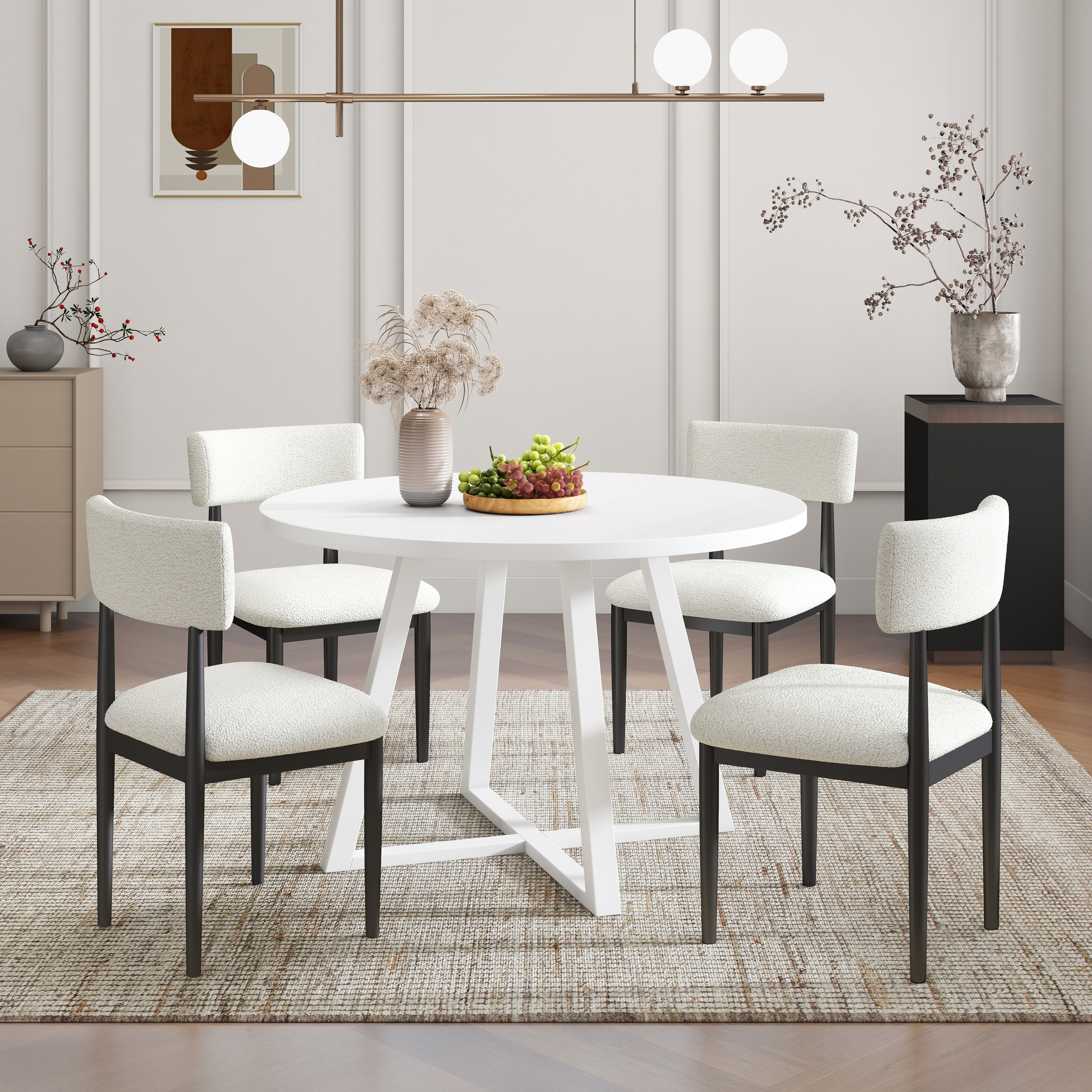 Roundhill Furniture Edo 5-Piece Dining Set, Round Table with 4 Upholstered Chairs,
