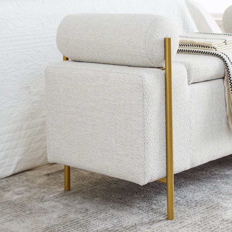 Morden Velvet Upholstered Storage Ottoman Bench, Elegant Footstool with Rolled Arms and Iron Legs for Bedroom, Hallway