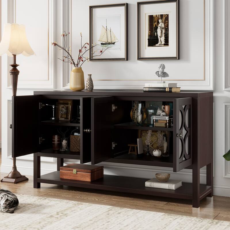 Elegant Retro Console Table/Storage Cabinet/Sideboard with Mirrored Doors, Spacious Shelves, and Durable Acacia Wood Legs