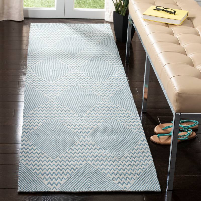 SAFAVIEH Handmade Marbella Annelouise Modern Viscose Rug - 2'3" x 8' Runner - Light Blue/Ivory