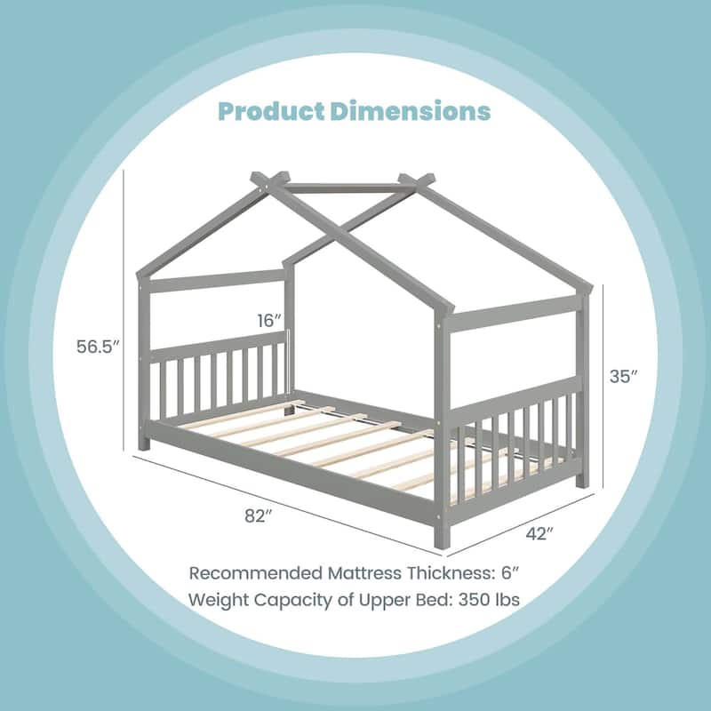 Costway Twin Size House Bed with Roof Wooden Low Floor Bed No Box