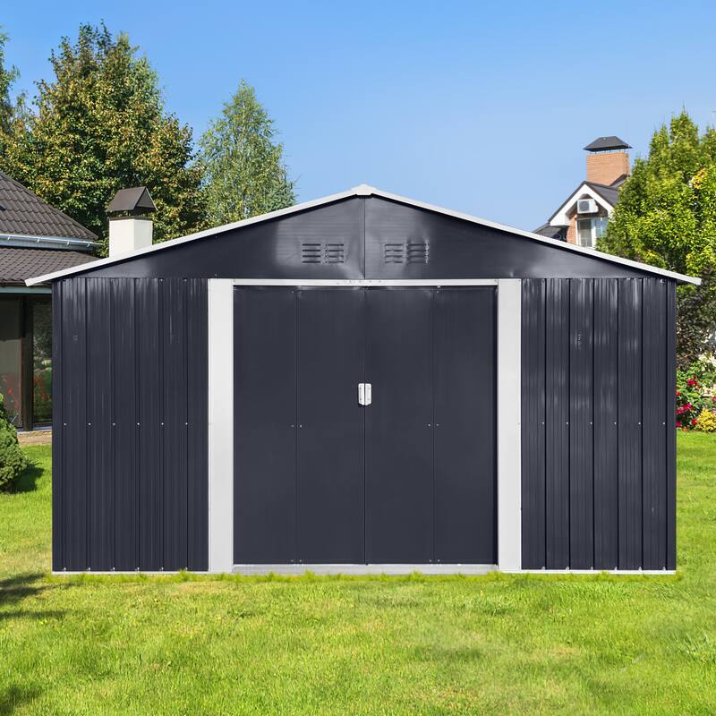GDFStudio - Nolan 11.2x10.6 FT Metal Garden Shed with Sliding Door and Ventilated Window Design